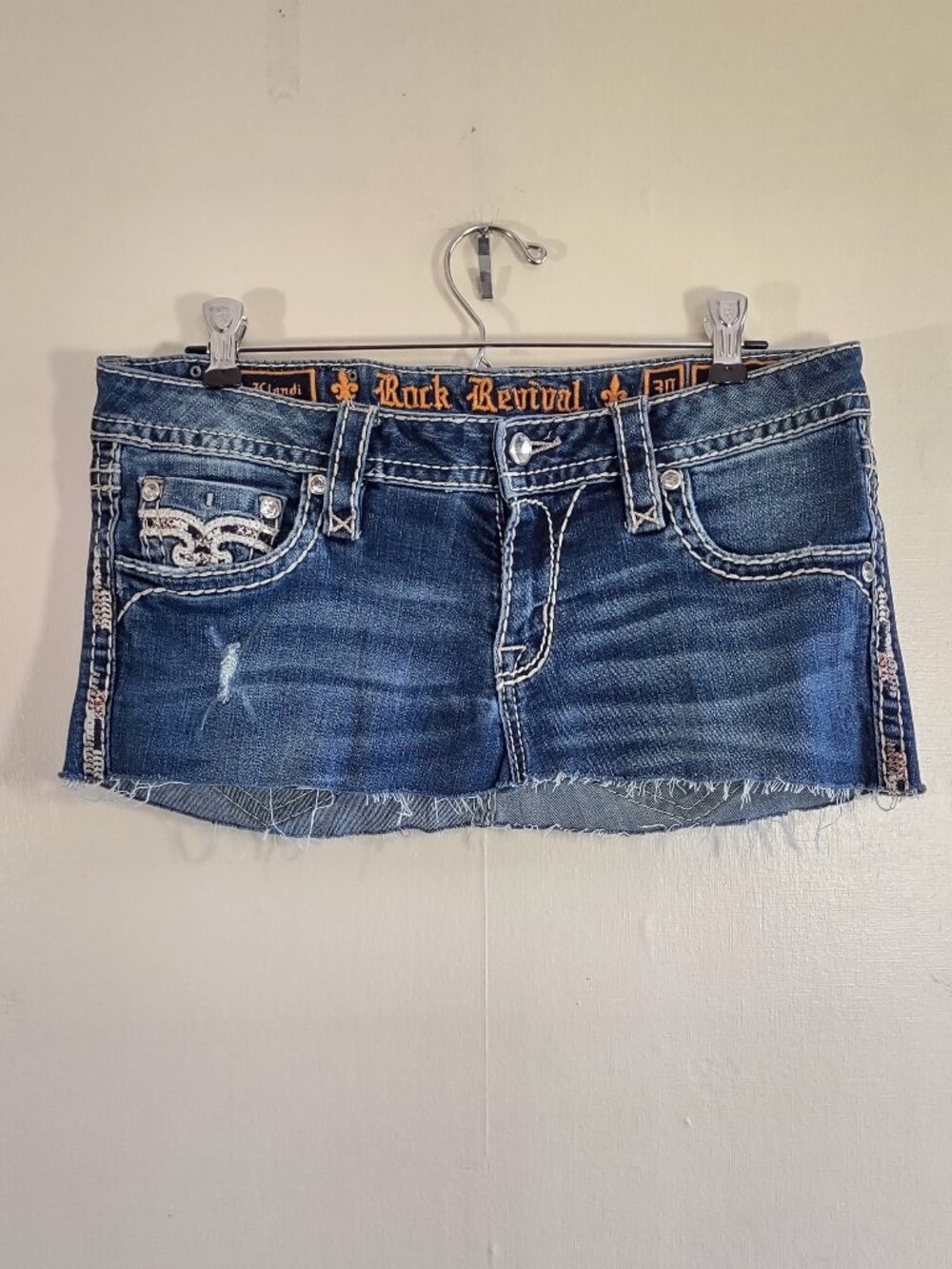 Rock Revival Klandi Denim Mini *Skirt Size 30 Low-Rise Embellished Indie Boho